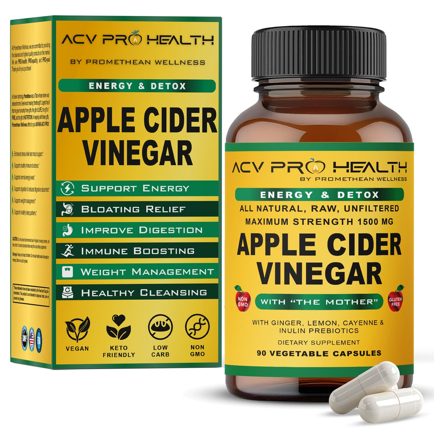 (3 Bottles - 90ct Capsules) Certified Organic Apple Cider Vinegar PRO Complex
