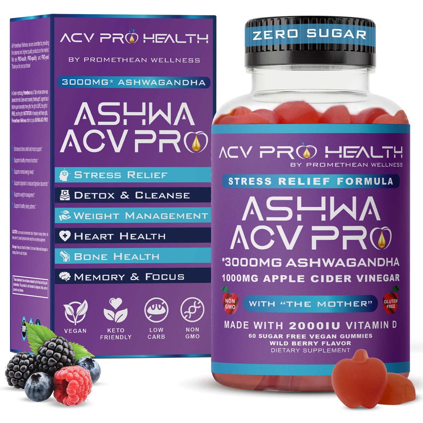 (6 Bottles - 60ct Gummies) Ashwa ACV Pro Sugar Free Gummies with Vitamin D!