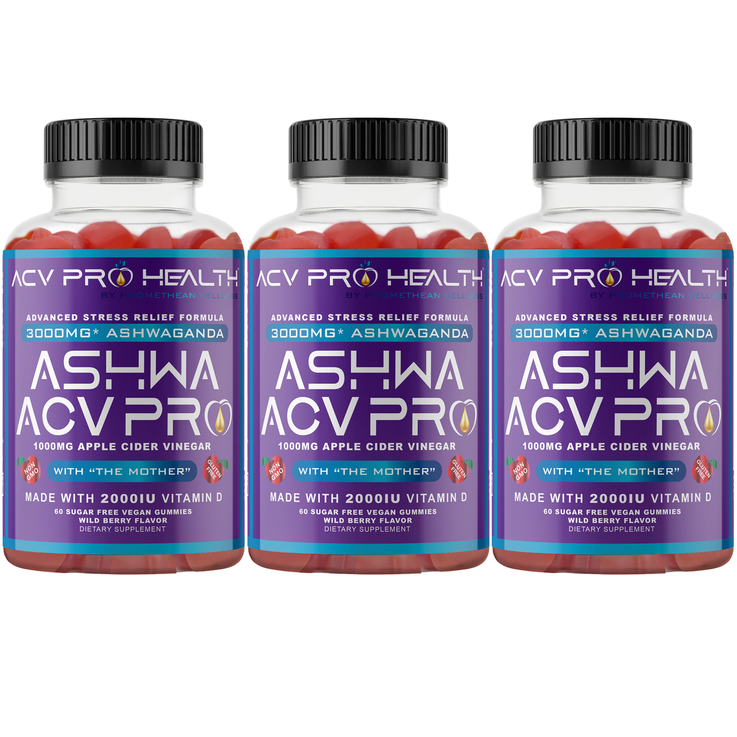 (3 Bottles - 60ct Gummies) Ashwa ACV Pro Sugar Free Gummies with Vitamin D!