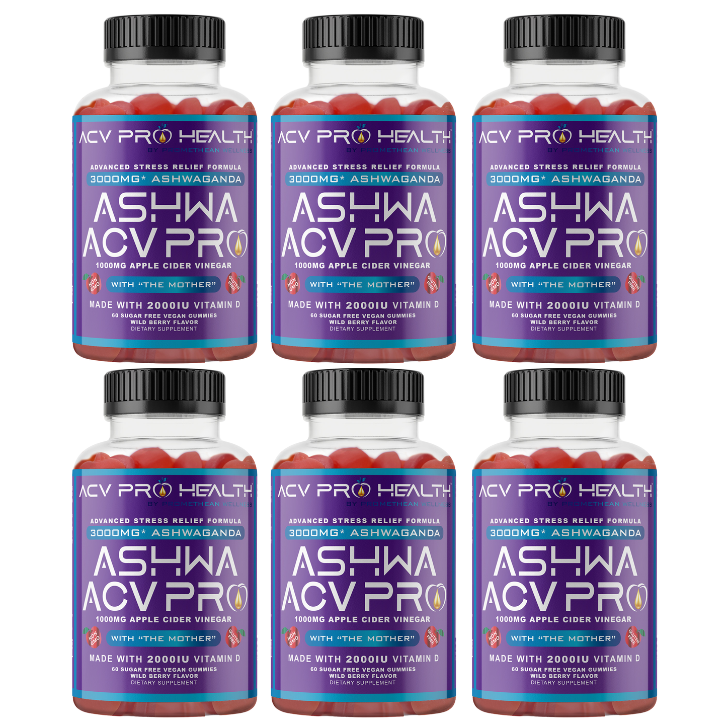 (6 Bottles - 60ct Gummies) Ashwa ACV Pro Sugar Free Gummies with Vitamin D!