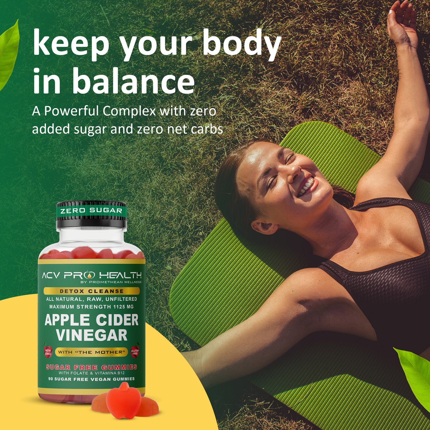 (3 Bottles - 90ct Gummies) ACV with Sugar Makes No Sense! Try The Only Zero Net Carbs Sugar Free Apple Cider Vinegar Gummies