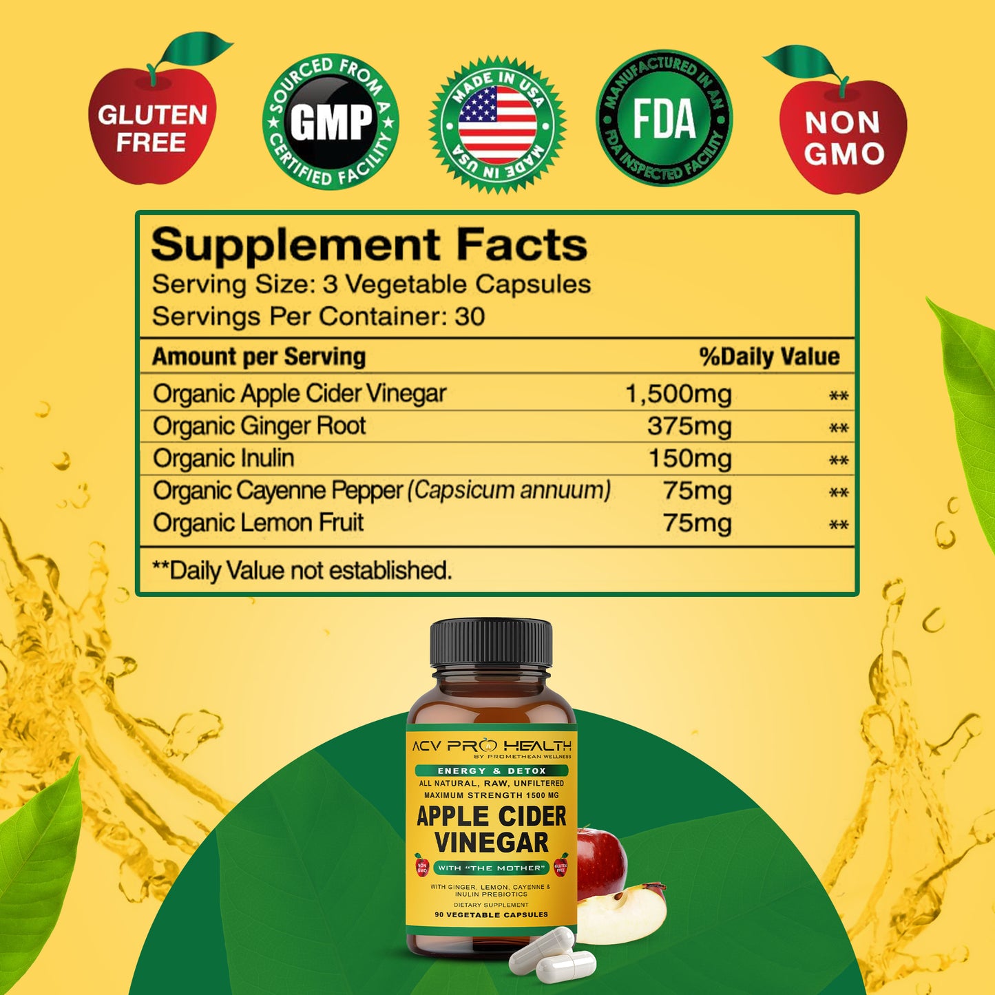 (90ct Capsules) Certified Organic Apple Cider Vinegar PRO Complex Capsules