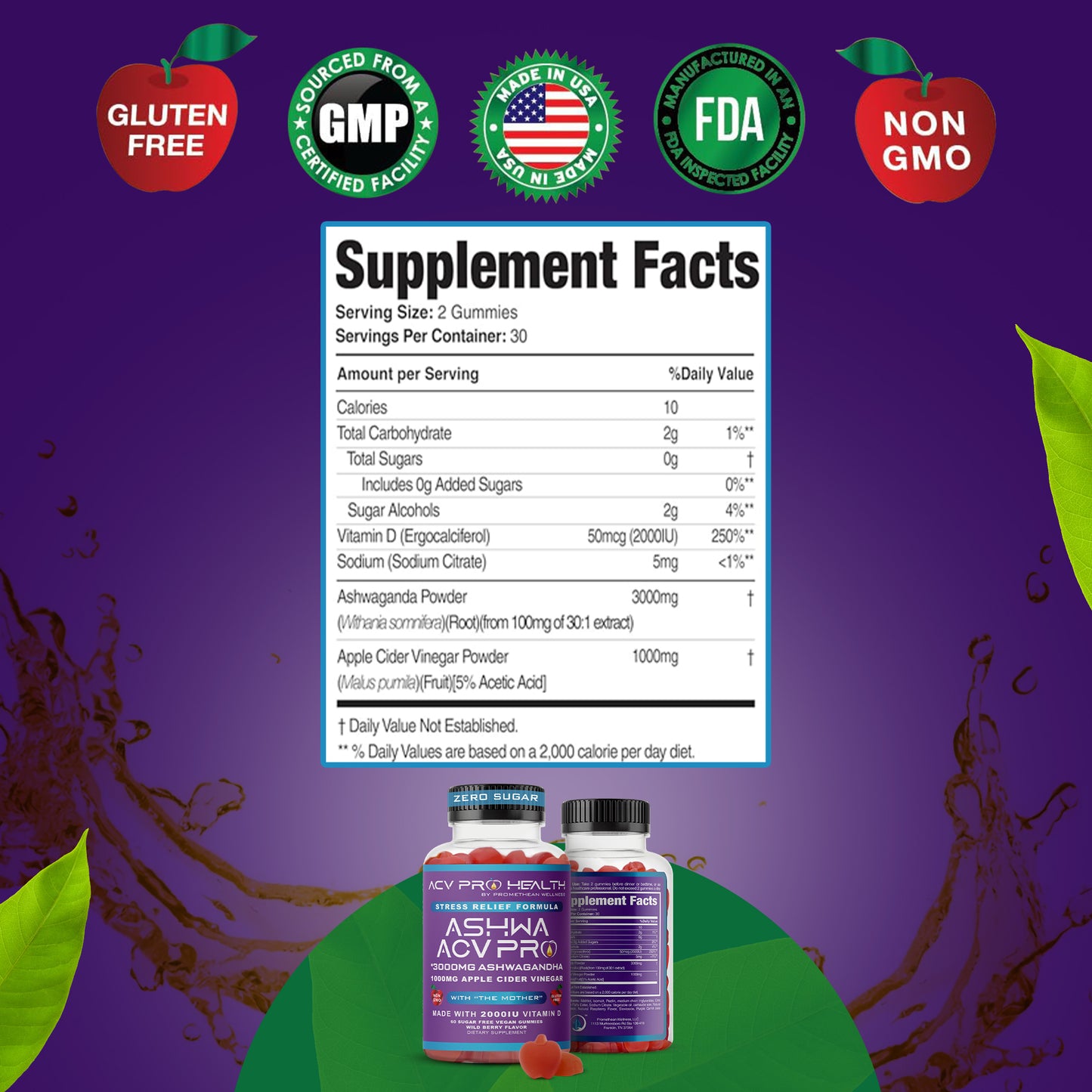 (60ct Gummies) Ashwa ACV Pro Sugar Free Gummies with Vitamin D!