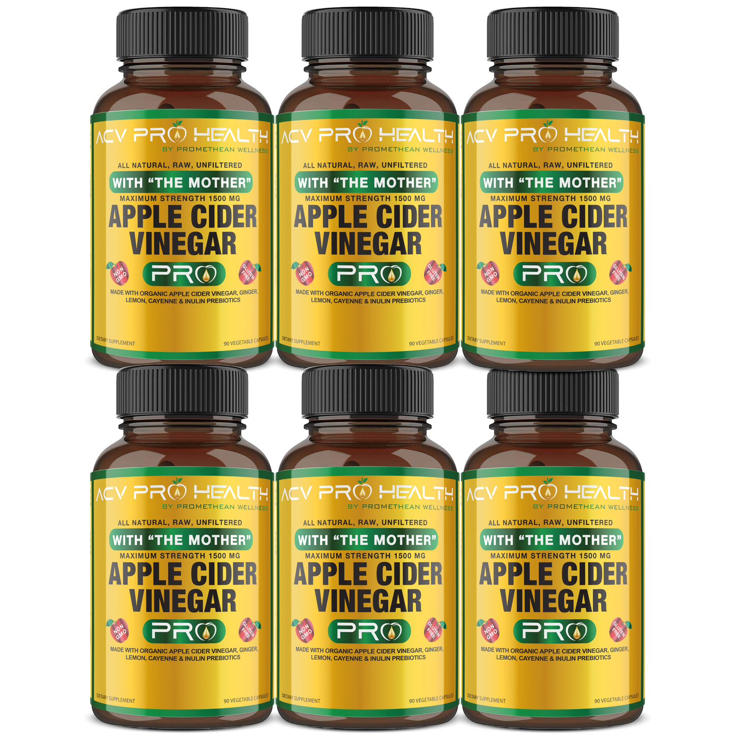 (6 Bottles - 90ct Capsules) Certified Organic Apple Cider Vinegar PRO Complex Capsules