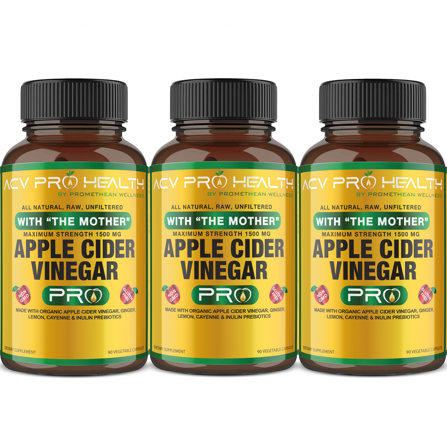 (3 Bottles - 90ct Capsules) Certified Organic Apple Cider Vinegar PRO Complex