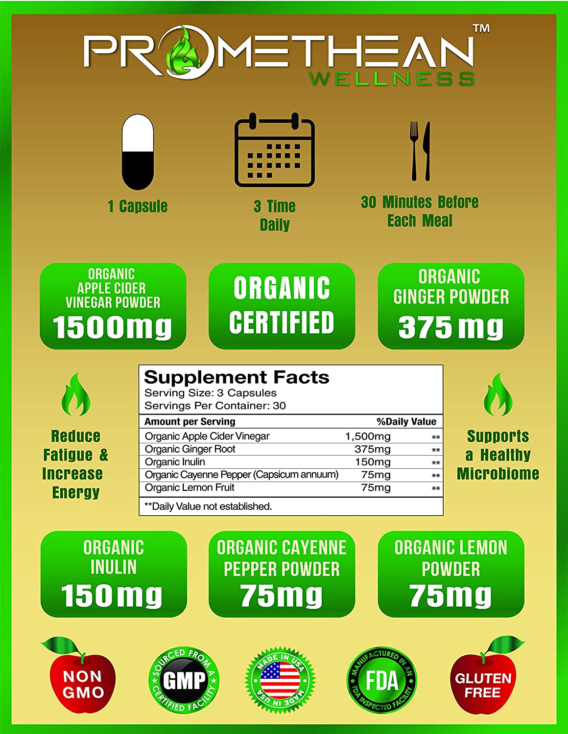 (3 Bottles - 90ct Capsules) Certified Organic Apple Cider Vinegar PRO Complex